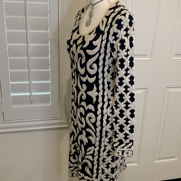 INC wool blend bodycon textured knit midi dress w/metallic thread black/cream L - Picture 4 of 9